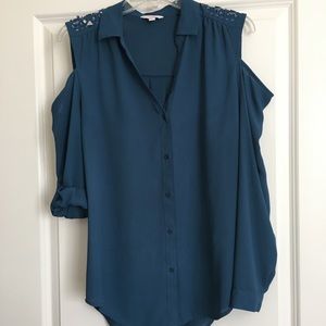 Blue cut out shoulder blouse